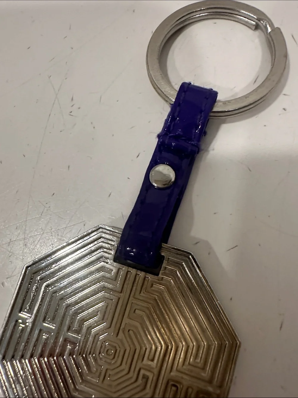 Versace Style Greco Key Engraved Key Chain on Purple Patent Leather Tab